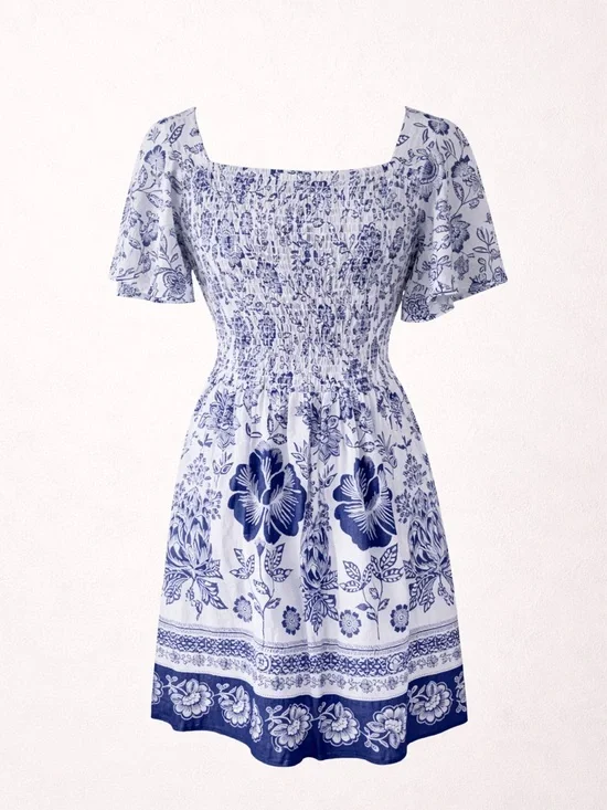 Angie Blue & White Floral Boho Mini Dress Smocked Back Cottagecore Summer Large - Picture 2 of 4